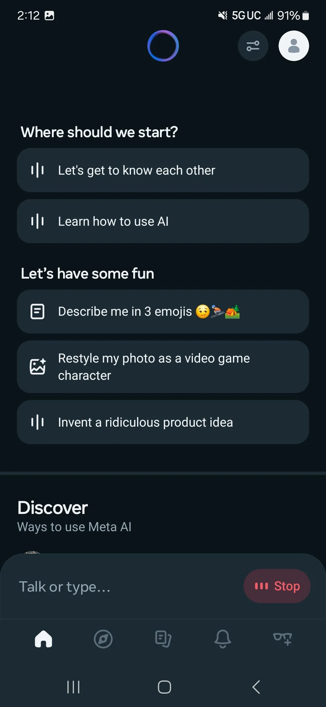 Meta AI ứng dụng độc lập giao diện chính với các gợi ý và tính năng