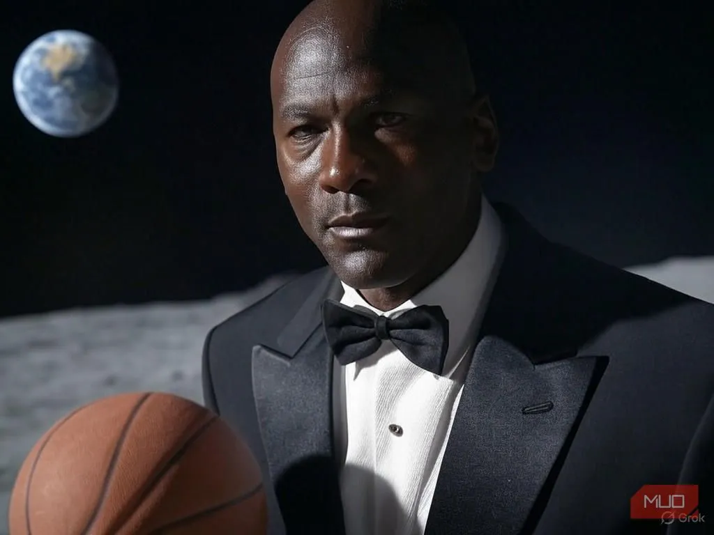 Michael Jordan chơi bóng rổ trên mặt trăng trong bộ tuxedo, tạo bởi AI Grok Aurora