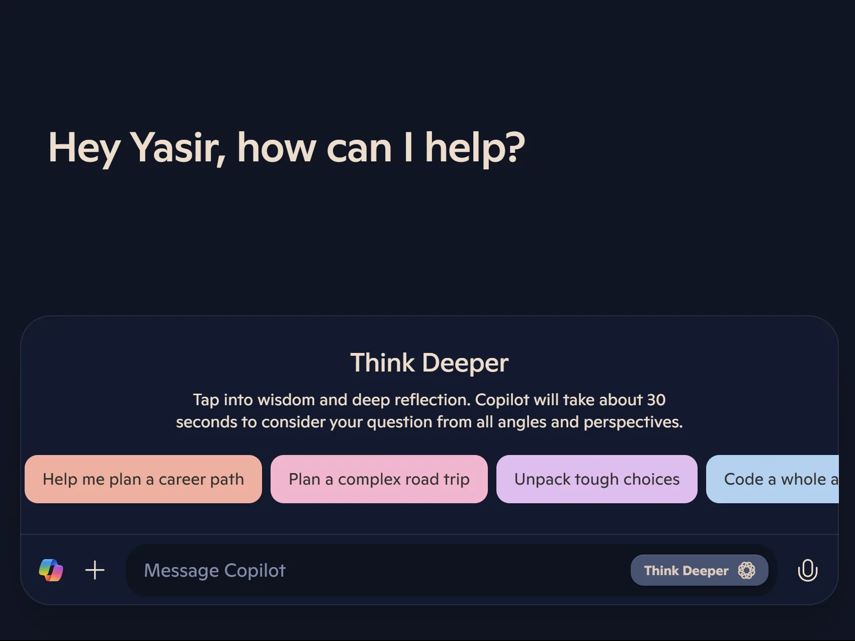 Microsoft Copilot với tính năng Think Deeper được kích hoạt, biểu tượng lấp lánh