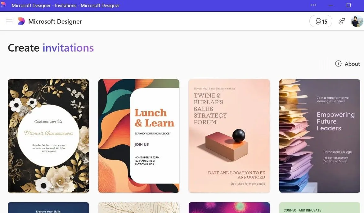 Microsoft Designer hiển thị các mẫu template thiệp mời đa dạng và sẵn sàng sử dụng
