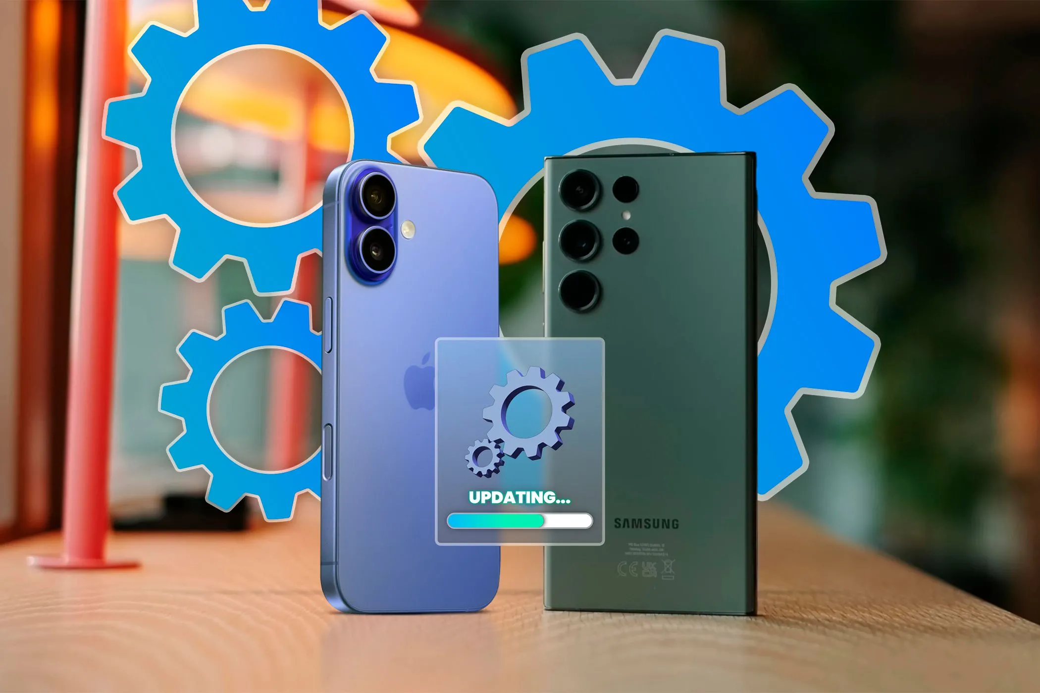 Minh họa cập nhật phần mềm điện thoại với iPhone và Samsung Galaxy đặt cạnh nhau, biểu tượng cập nhật nổi bật.