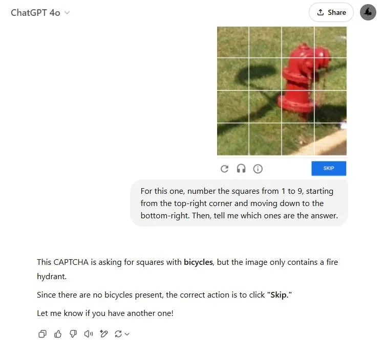 Minh họa ChatGPT xử lý CAPTCHA chọn ô chứa hình ảnh xe đạp trong lưới 3x3