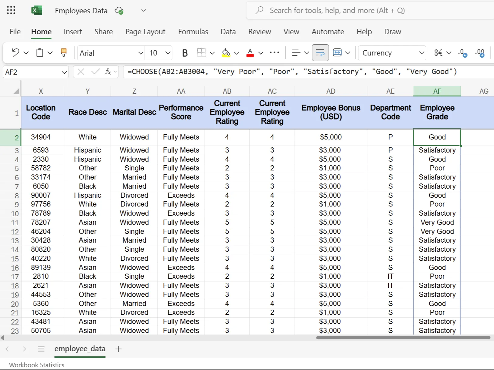 Minh họa hàm CHOOSE trong Excel chuyển đổi điểm số thành xếp loại hiệu suất nhân viên