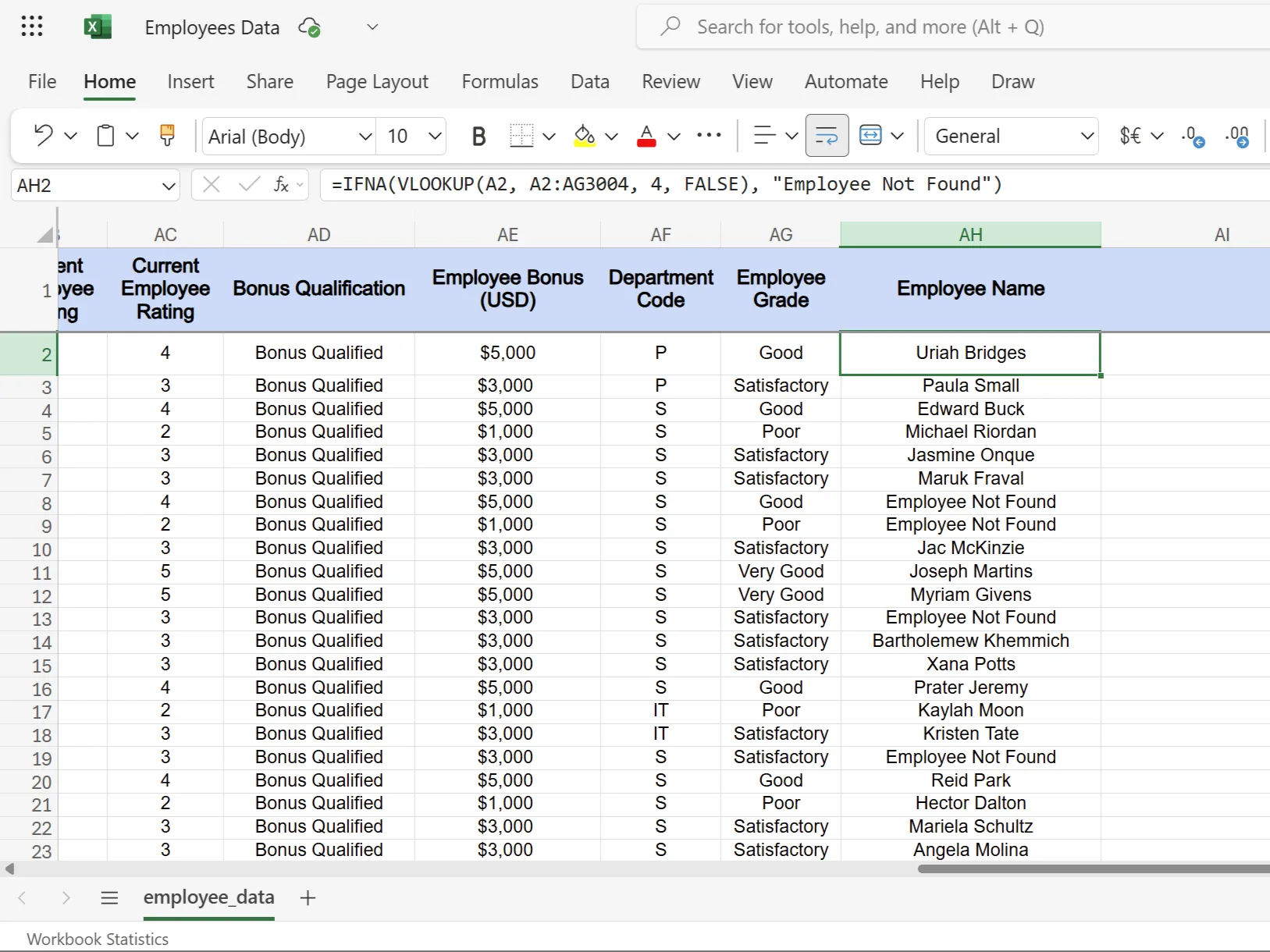 Minh họa hàm IFNA trong Excel hiển thị thông báo &quot;Employee Not Found&quot; khi không tìm thấy nhân viên