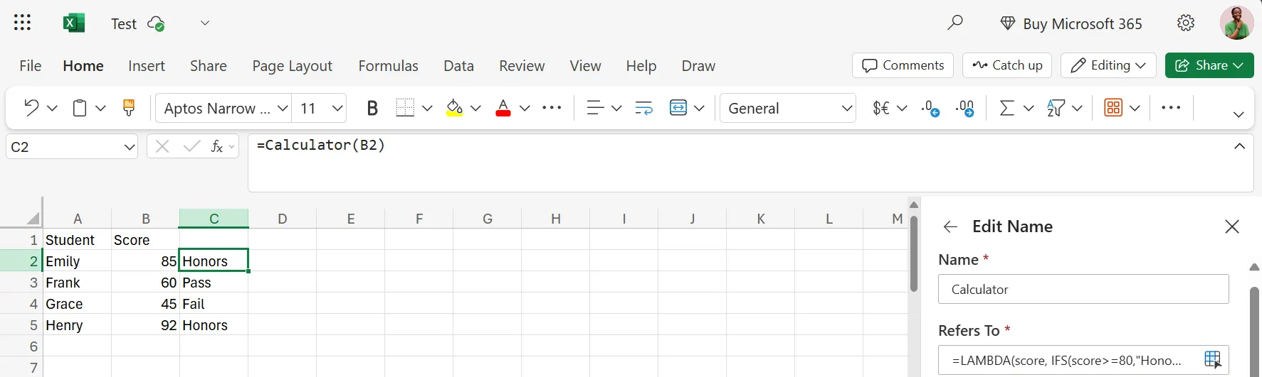 Minh họa hàm LAMBDA "Calculator" tự tạo trong Excel để tính điểm học sinh