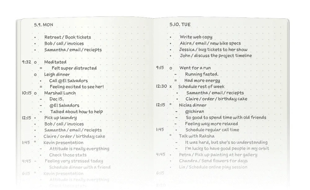 Minh họa khái niệm rapid logging và các ký hiệu cơ bản trong phương pháp Bullet Journal.