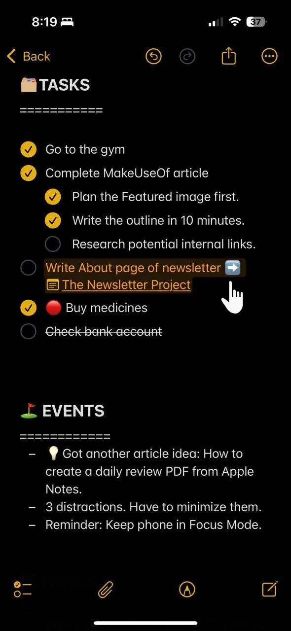 Minh họa quy trình 'di chuyển có chủ đích' các nhiệm vụ chưa hoàn thành sang ngày mới trong Bullet Journal trên Apple Notes.