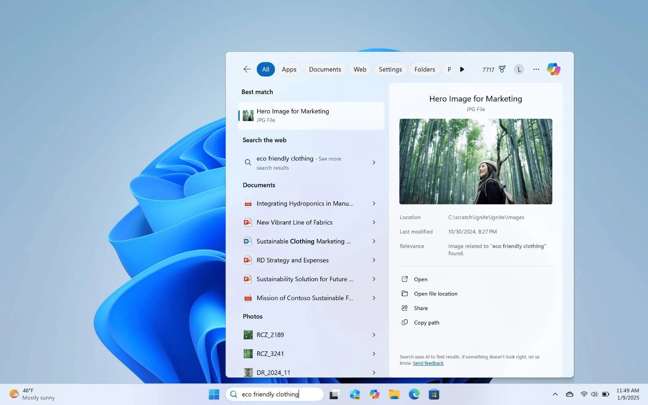Minh họa tính năng Semantic Search trên Windows 11 khi tìm kiếm sản phẩm thân thiện môi trường