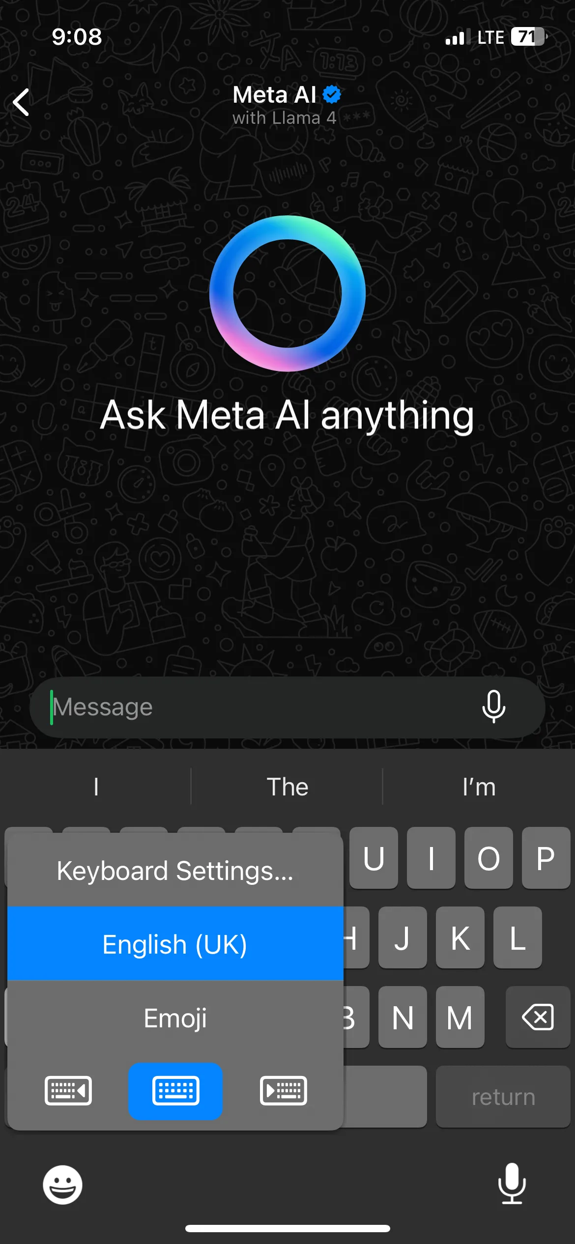 Mở cài đặt bàn phím iPhone trong ứng dụng WhatsApp, hiển thị tùy chọn dịch chuyển bàn phím sang một bên.