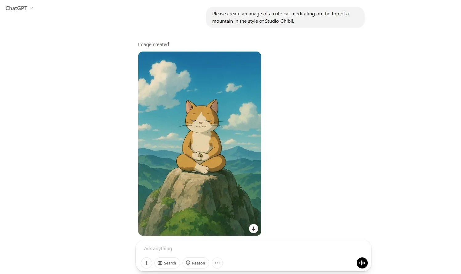 Mô hình ChatGPT GPT-4o tạo hình ảnh một chú mèo ngồi thiền trên núi theo phong cách Studio Ghibli