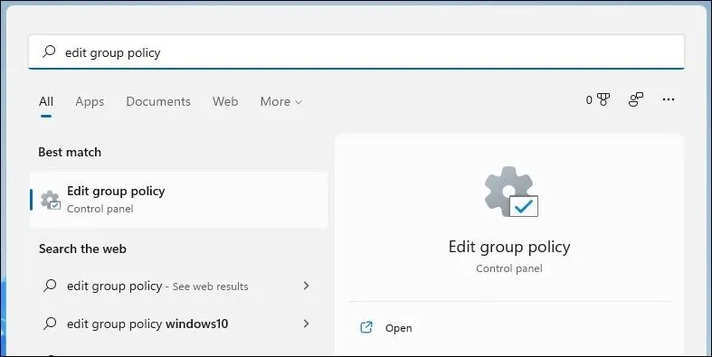 Mở Local Group Policy Editor bằng công cụ tìm kiếm Windows 11