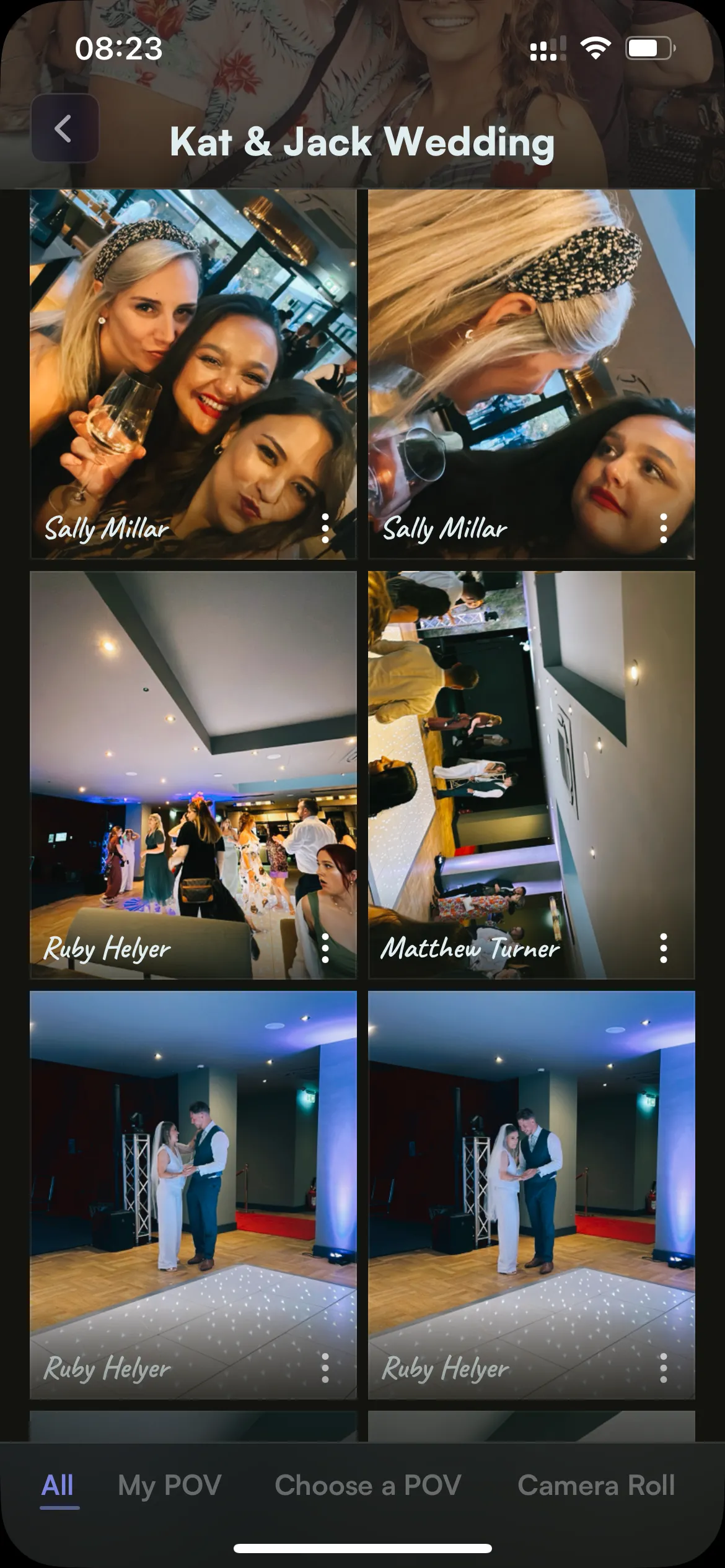 Mô tả album ảnh cưới chung trong ứng dụng POV Camera, nơi khách mời có thể đóng góp ảnh chụp từ góc nhìn của họ trong sự kiện, tạo thành một bộ sưu tập kỷ niệm độc đáo.