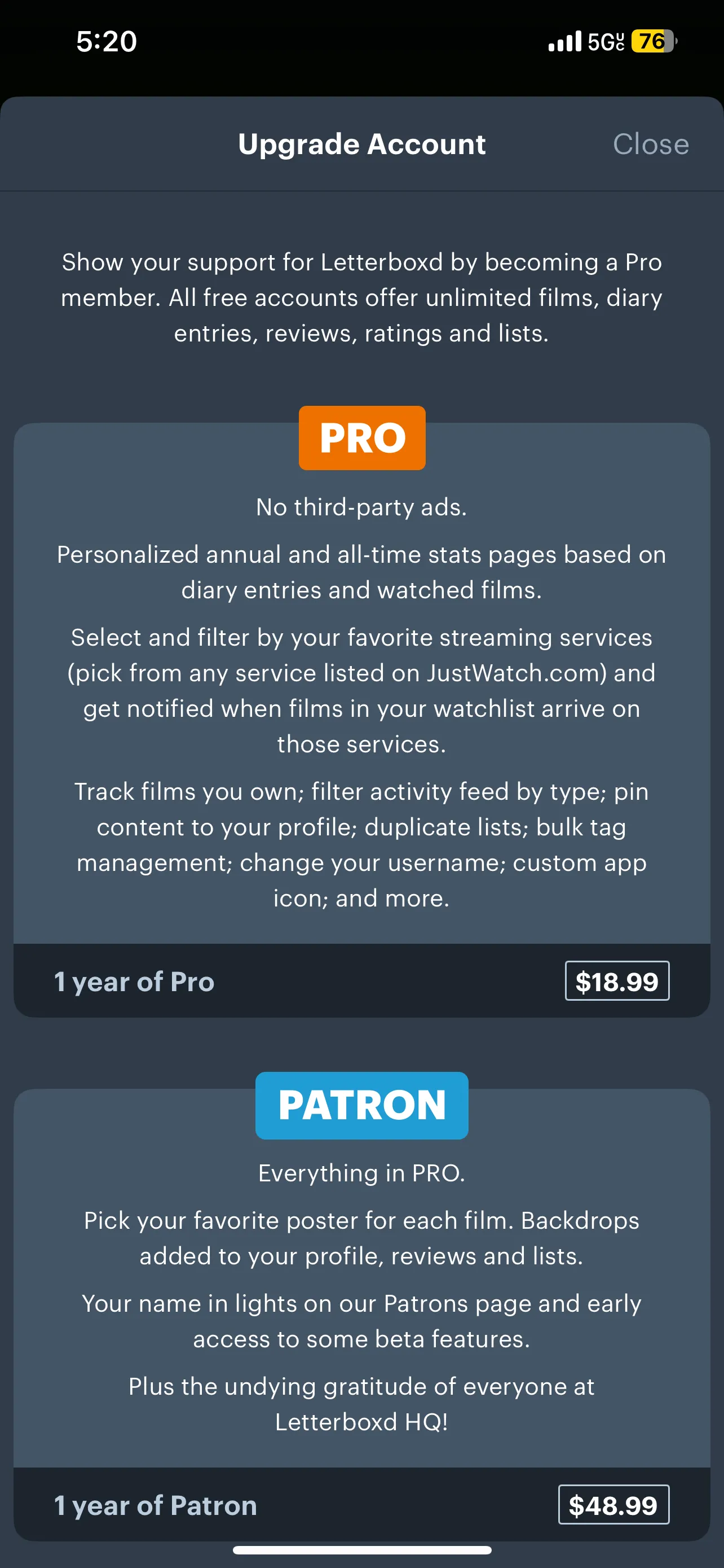Mô tả các gói đăng ký Letterboxd PRO và Patron