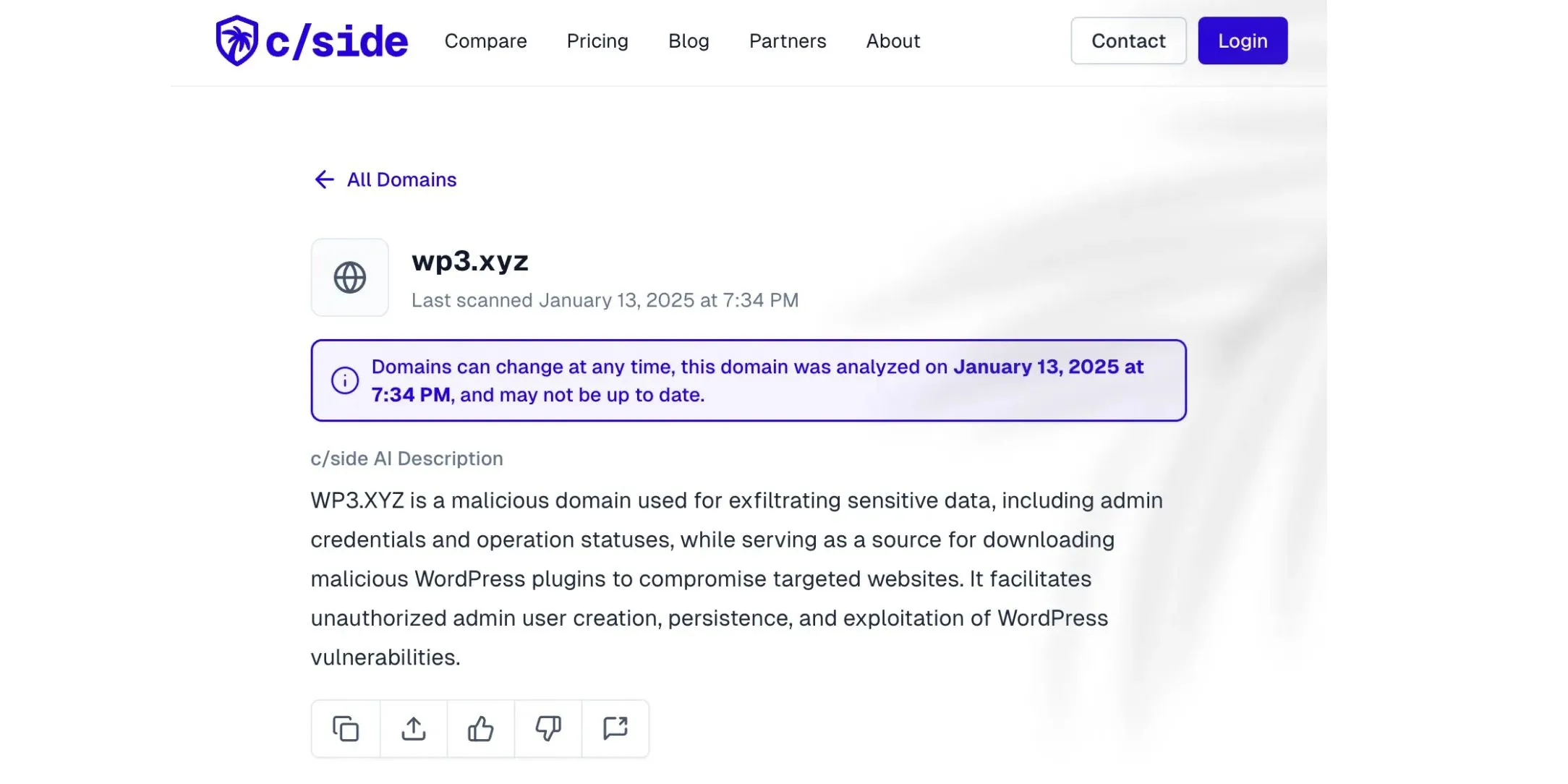 Mô tả về domain độc hại WP3.XYZ và thông tin chi tiết từ báo cáo của c/side về chiến dịch tấn công WordPress