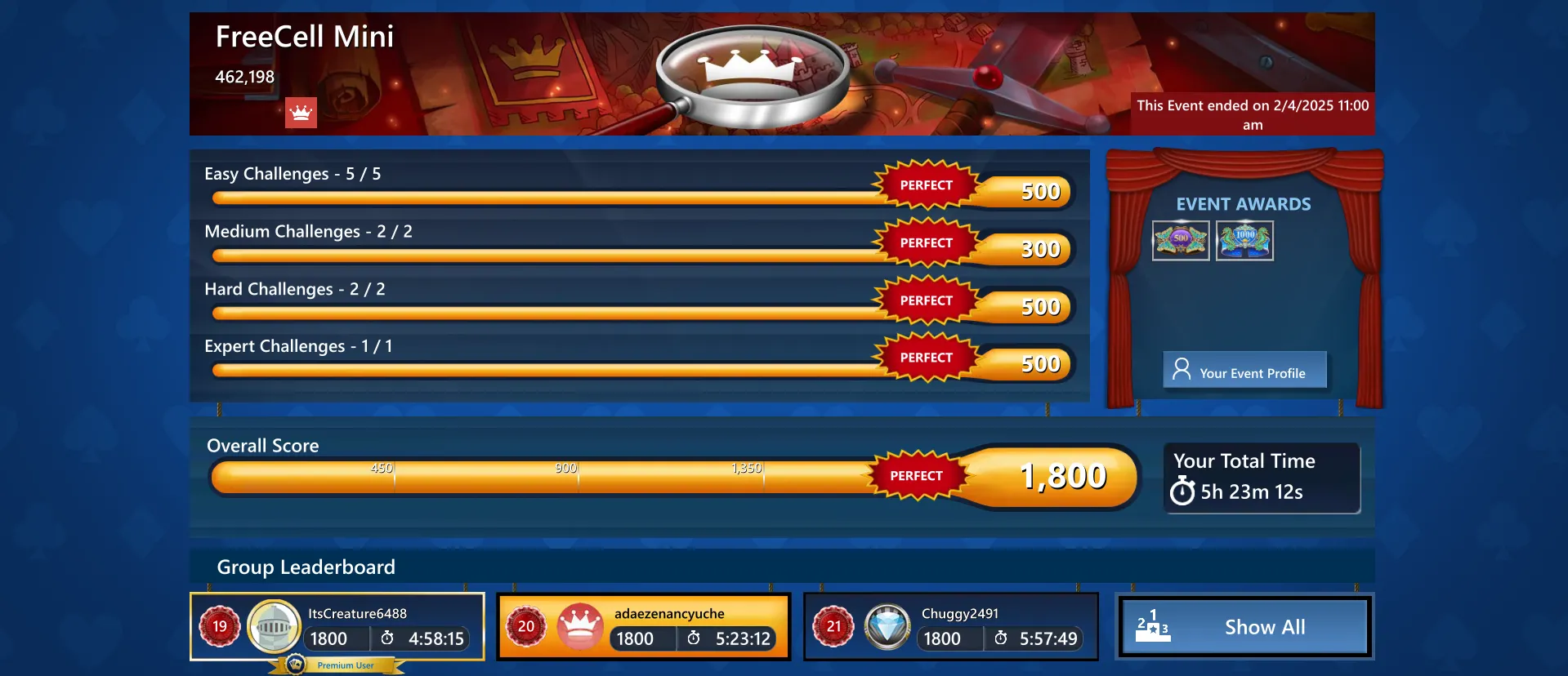 Một ảnh chụp màn hình hiển thị kết quả của một sự kiện hàng ngày trong Microsoft Solitaire trên PC