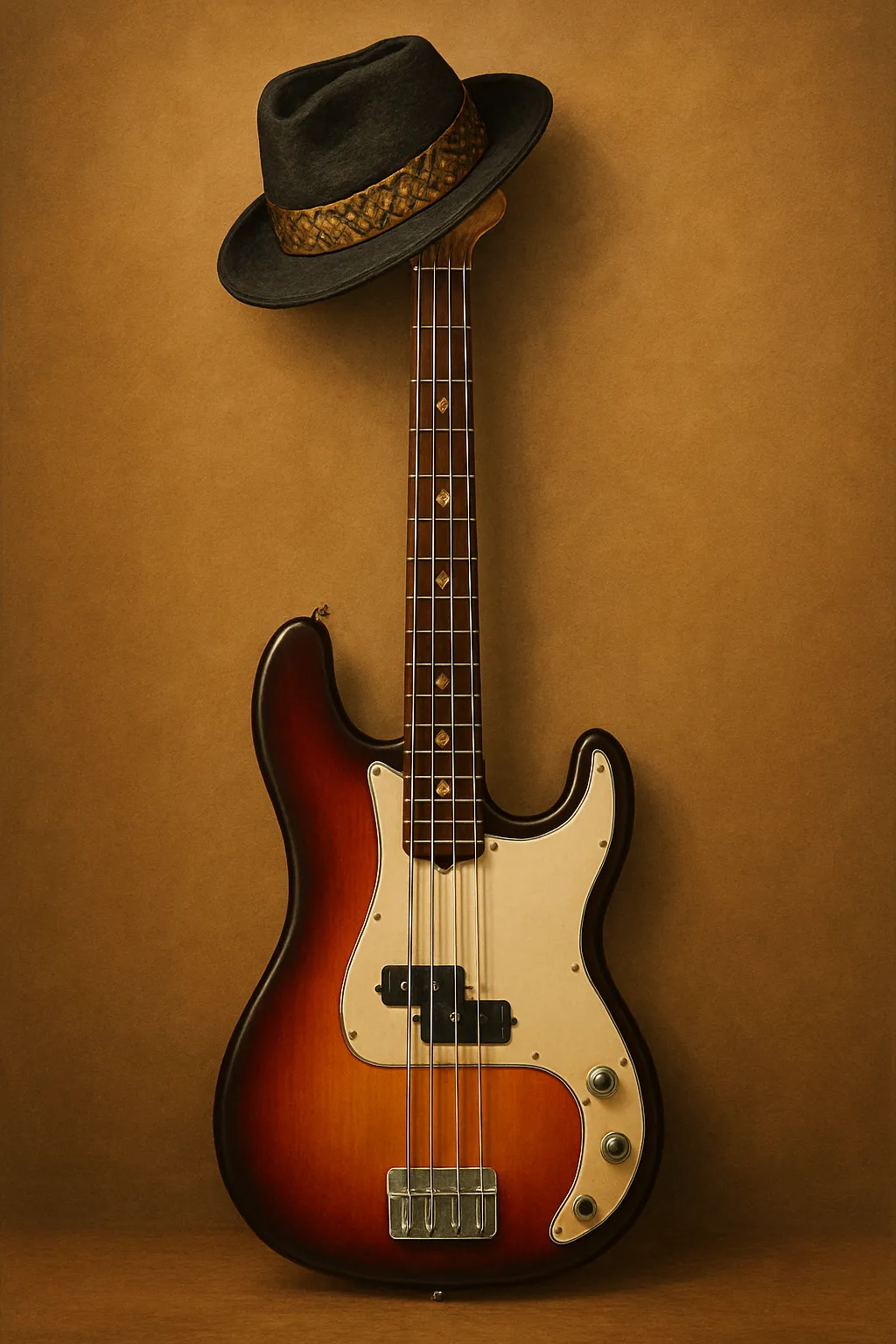 Một cây đàn guitar bass với chiếc mũ fedora đen sành điệu đặt trên cần, minh họa bìa sách do AI art tạo ra cho cuốn sách về cách chơi guitar.