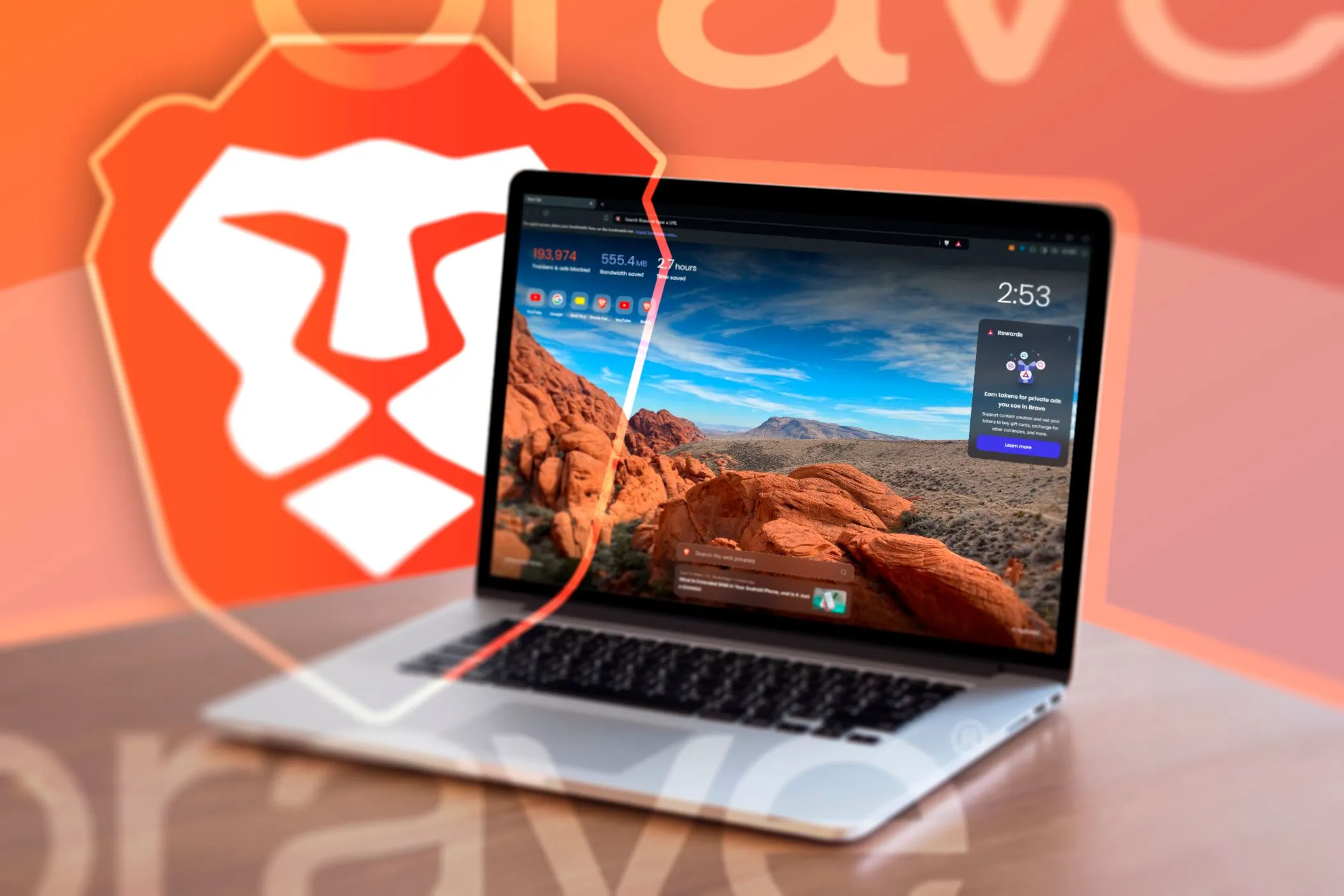 Một chiếc laptop hiển thị trình duyệt Brave đang mở và logo Brave ở nền