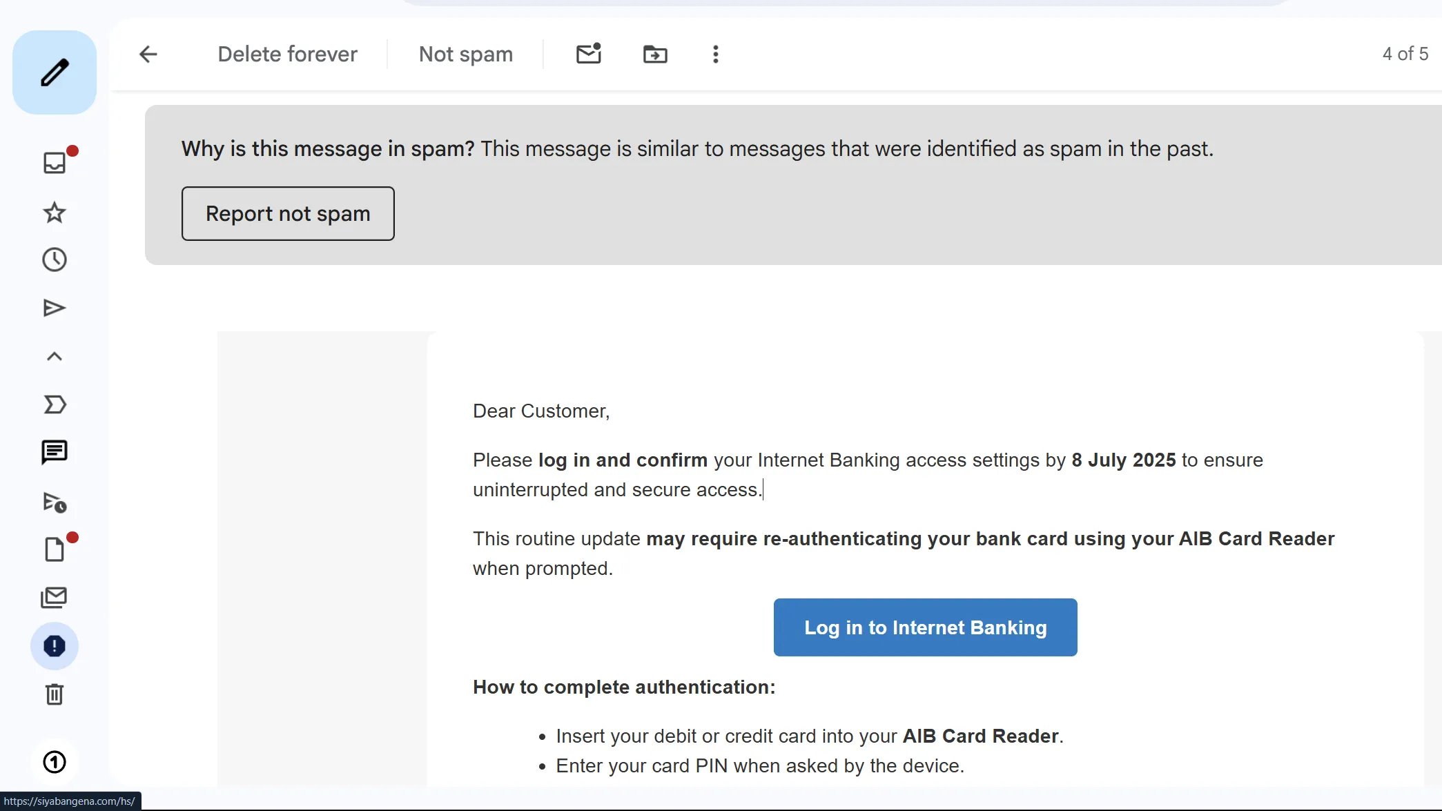 Một email spam điển hình chứa liên kết lừa đảo (phishing link), minh họa các dấu hiệu đáng ngờ cần cảnh giác.