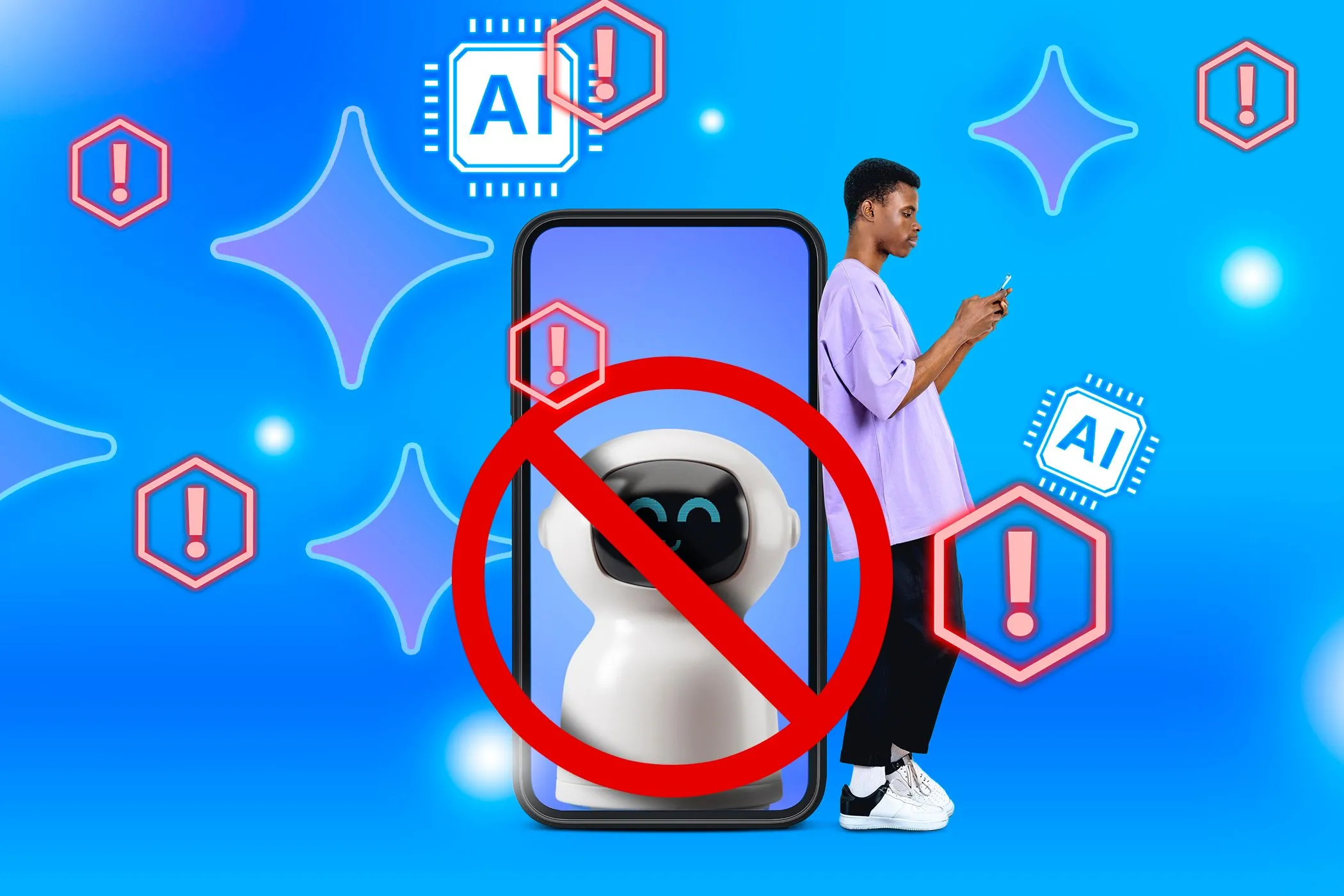 Một người đàn ông dùng điện thoại tựa vào một chiếc điện thoại khổng lồ với hình robot trên màn hình và một biển báo cấm trước robot, tượng trưng cho những hạn chế của AI Agent