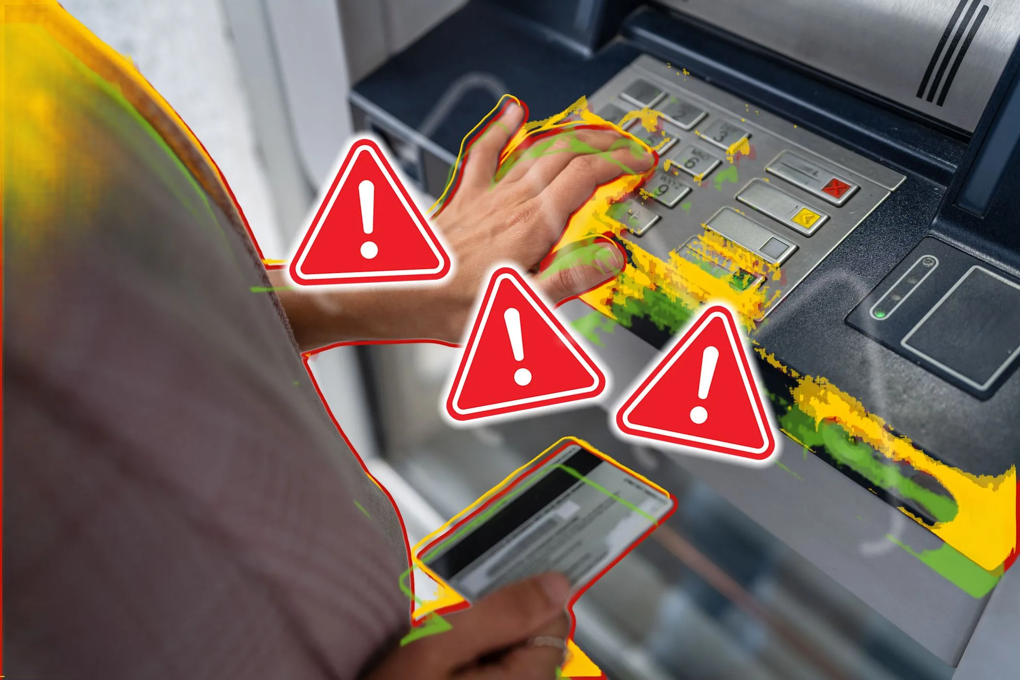 Một người đang cắm thẻ ngân hàng vào máy ATM, xung quanh có các biển cảnh báo, minh họa nguy cơ lừa đảo thẻ tín dụng