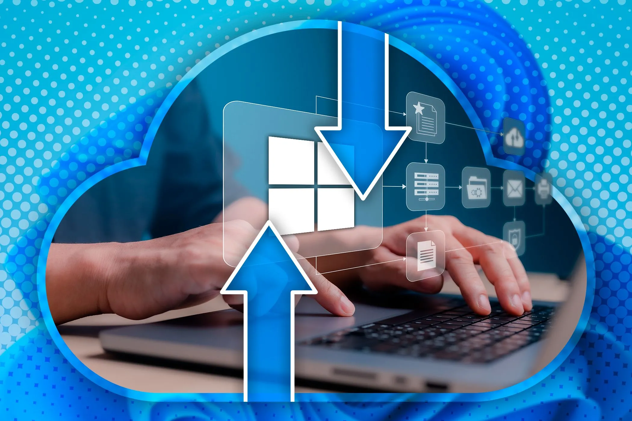 Một người đang sử dụng laptop với các biểu tượng liên quan đến sao lưu dữ liệu lơ lửng quanh bàn phím, biểu tượng sao lưu nổi bật ở trung tâm và hình nền Windows 11.