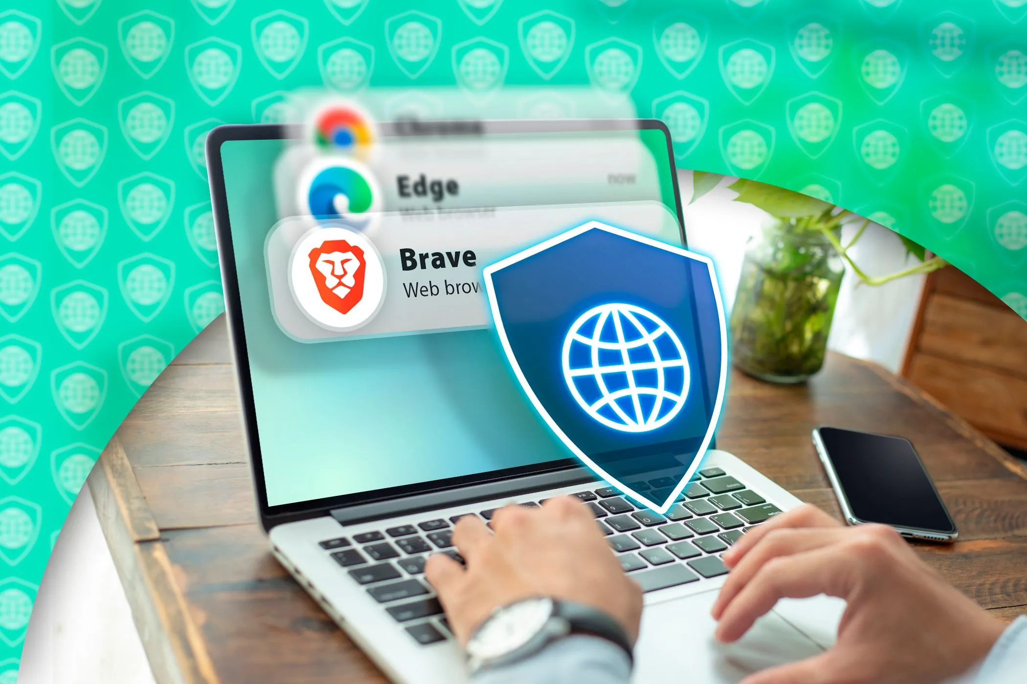 Một người đang sử dụng laptop với các biểu tượng trình duyệt web và biểu tượng bảo mật hiển thị trên màn hình, nhấn mạnh sự cần thiết của việc cập nhật trình duyệt thường xuyên.