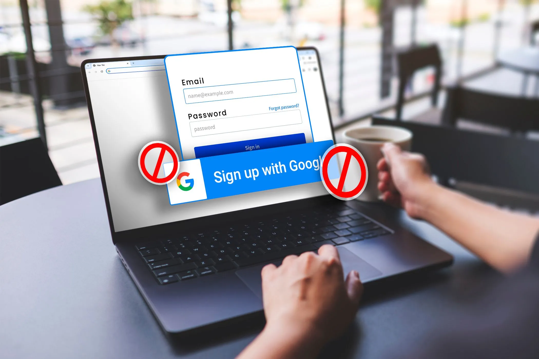 Một người đang sử dụng laptop với cửa sổ đăng nhập, nút &quot;Đăng ký bằng Google&quot; bị gạch chéo, biểu thị việc tạo tài khoản ẩn danh mà không liên kết với các dịch vụ lớn.
