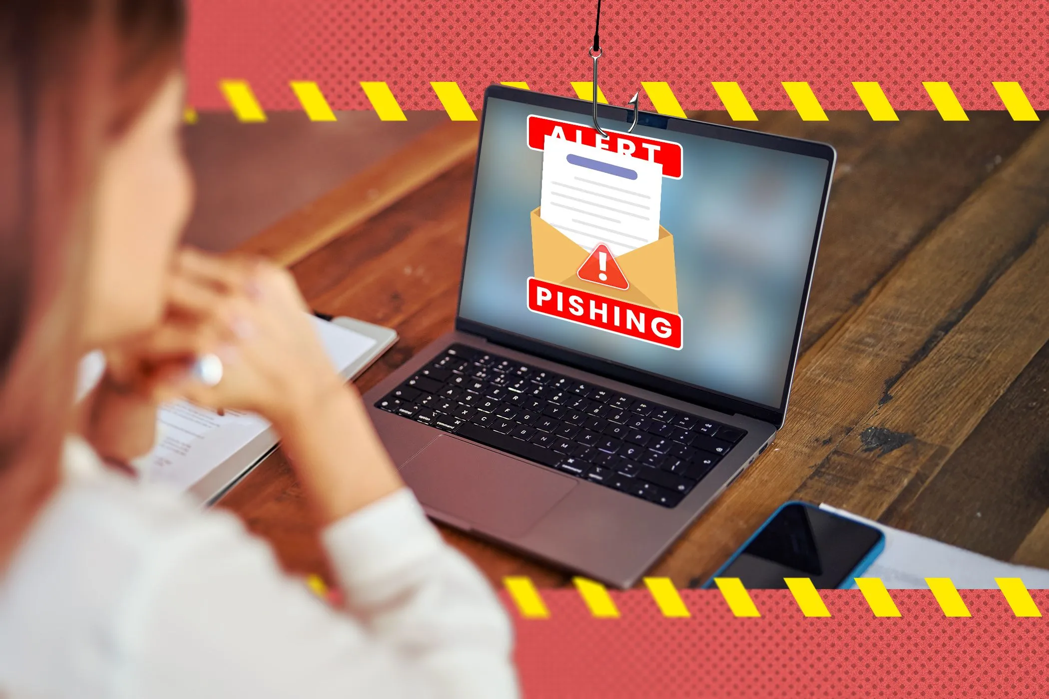 Một phụ nữ đang dùng laptop với email phishing trên màn hình, cạnh biểu tượng fishing email.