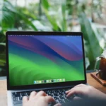 Một phụ nữ đang gõ bàn phím trên MacBook Air chạy macOS Sonoma, tượng trưng cho việc nghiên cứu kỹ lưỡng các thông tin về công ty và dự án
