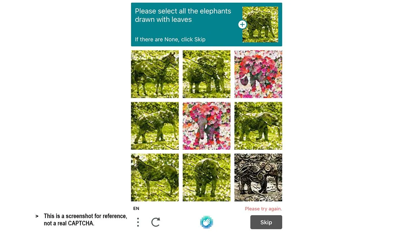 Một ví dụ về CAPTCHA cực kỳ phức tạp yêu cầu người dùng nhận diện các con voi được tạo hình từ lá cây