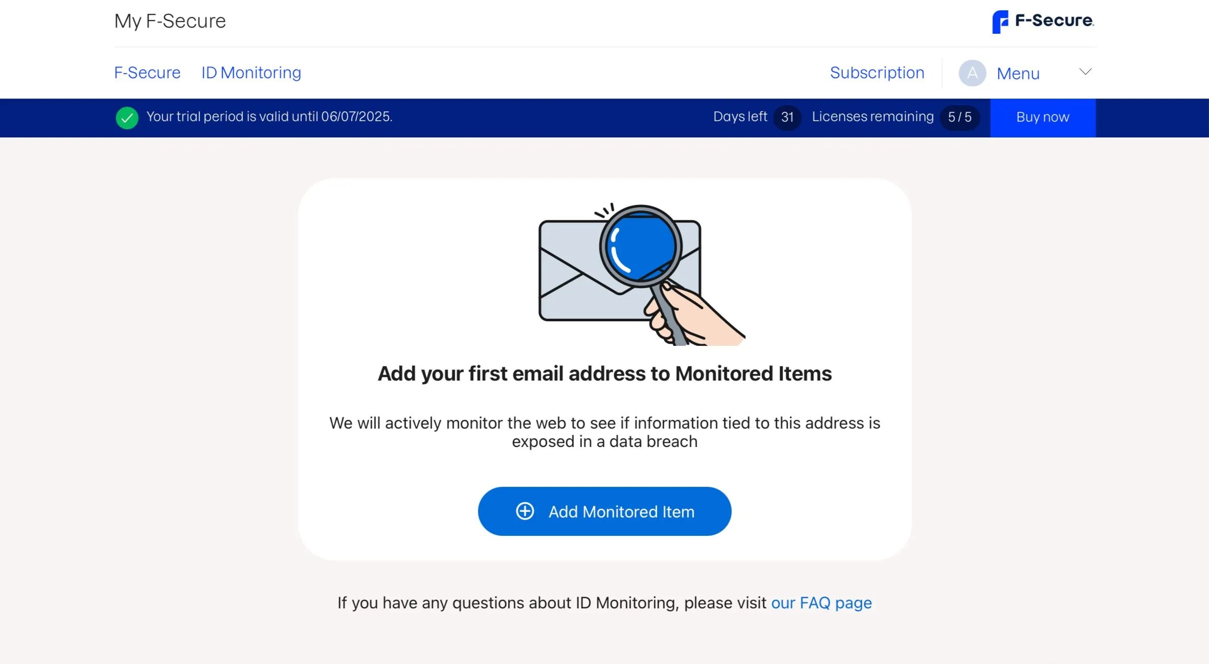 Mục ID Monitoring trên F-Secure, cho phép người dùng thêm các mục cần giám sát như địa chỉ email.