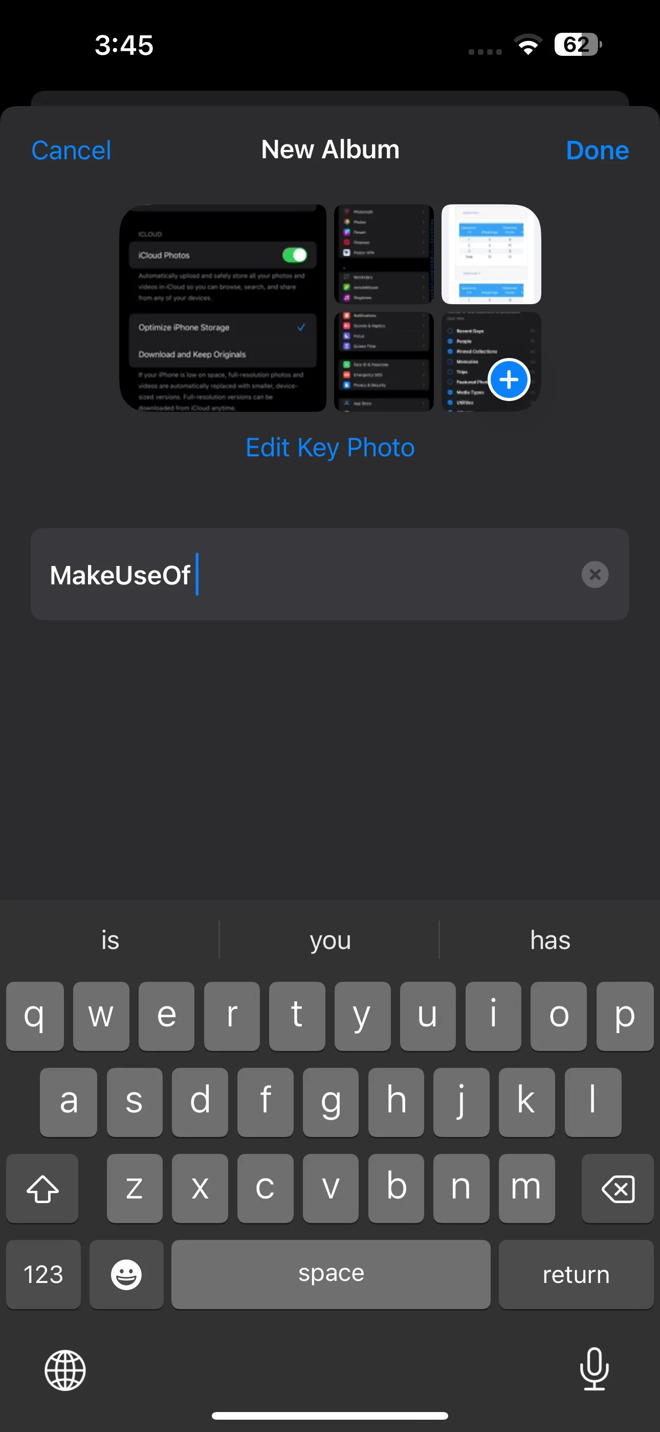 New album settings including name, and key photo in the Photos app