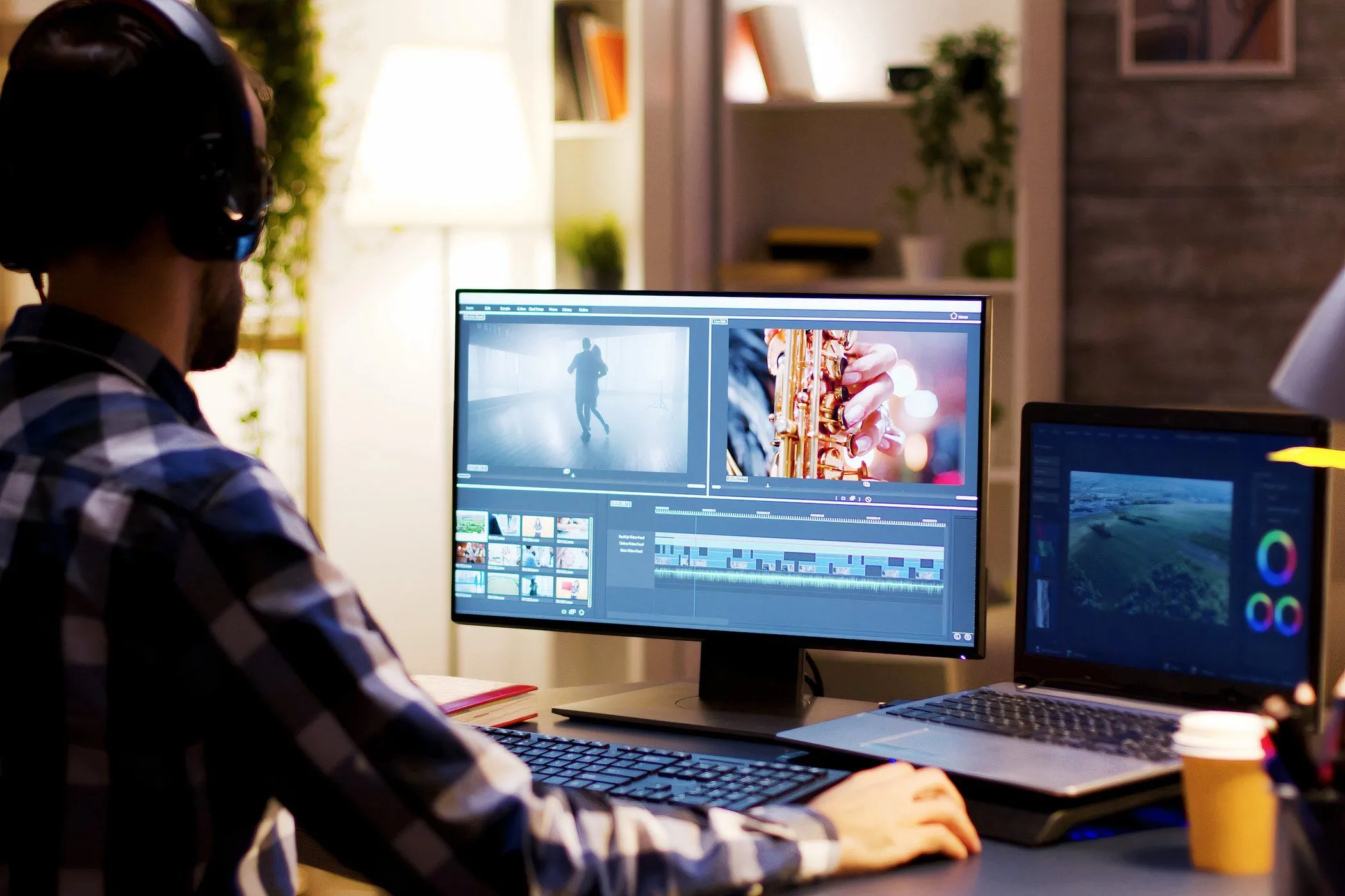 Người chỉnh sửa video đang làm việc trên màn hình, minh họa nhu cầu về chất lượng hình ảnh sắc nét từ màn hình 4K nhỏ