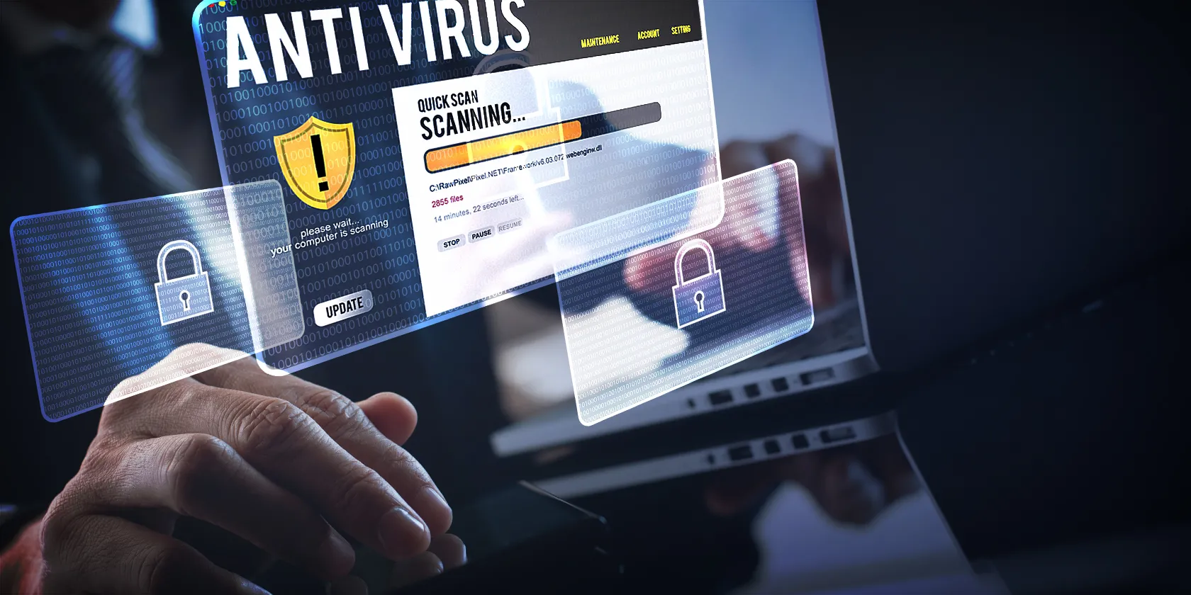 Người đang sử dụng công cụ quét virus để kiểm tra máy tính, biểu tượng bảo mật và an toàn dữ liệu xung quanh.