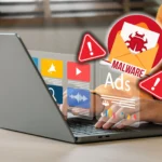 Người dùng đang duyệt web trên laptop với biểu tượng phần mềm độc hại