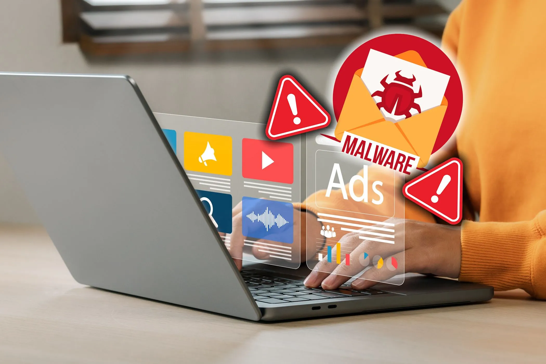 Người dùng đang duyệt web trên laptop với biểu tượng phần mềm độc hại