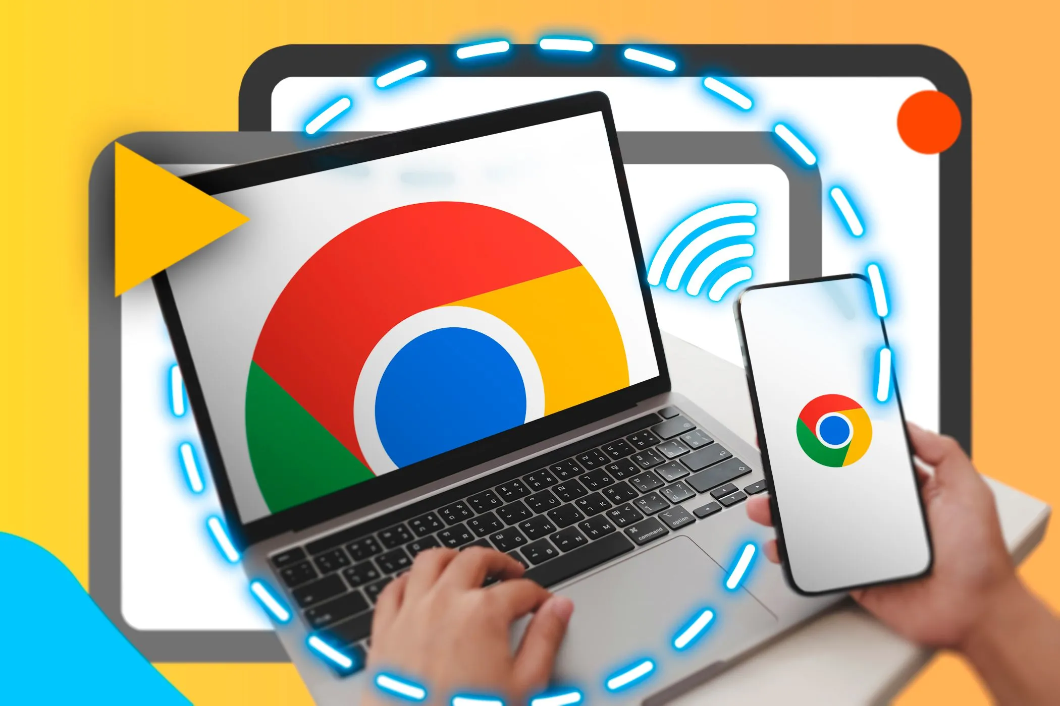 Người dùng tương tác với trình duyệt Google Chrome trên cả điện thoại thông minh và máy tính xách tay, thể hiện sự đồng bộ dữ liệu và hiệu năng đa nền tảng.