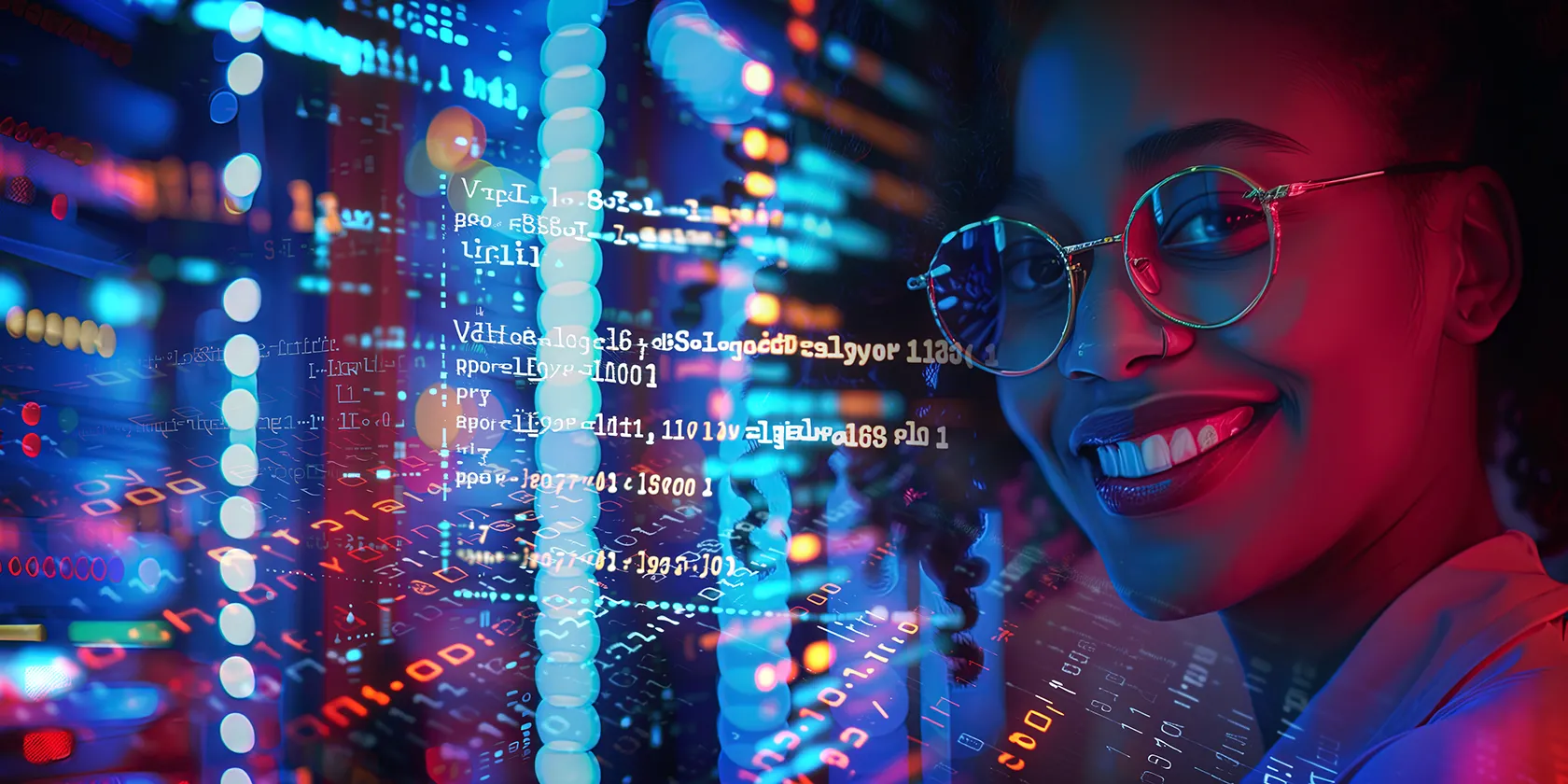 Người phụ nữ công nghệ đang tập trung làm việc với code và dữ liệu số trên màn hình máy tính, thể hiện môi trường lập trình và máy ảo trong Windows.