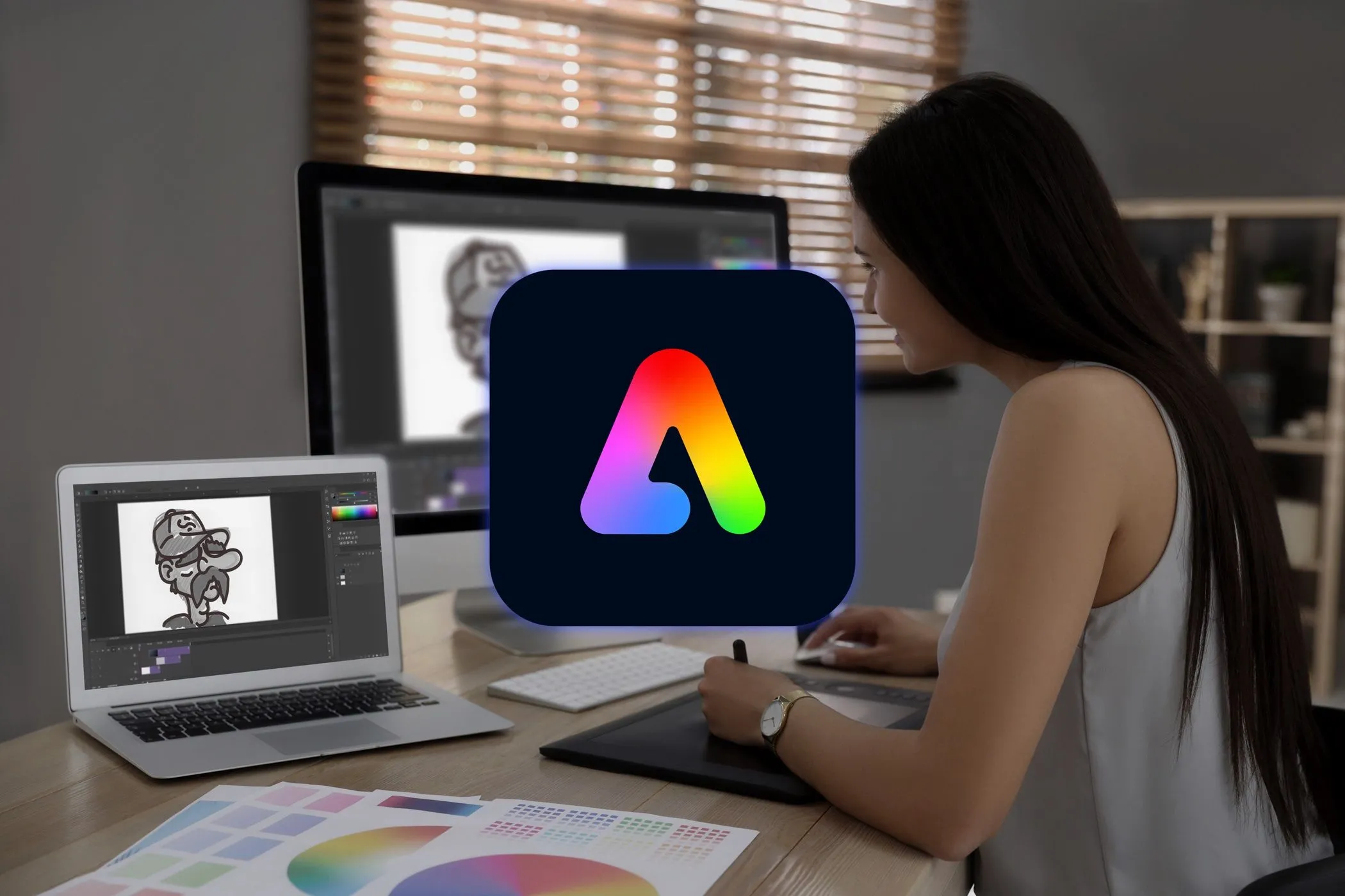 Người phụ nữ làm việc trên thiết kế đồ họa bằng laptop tại bàn làm việc, có logo Adobe Express.