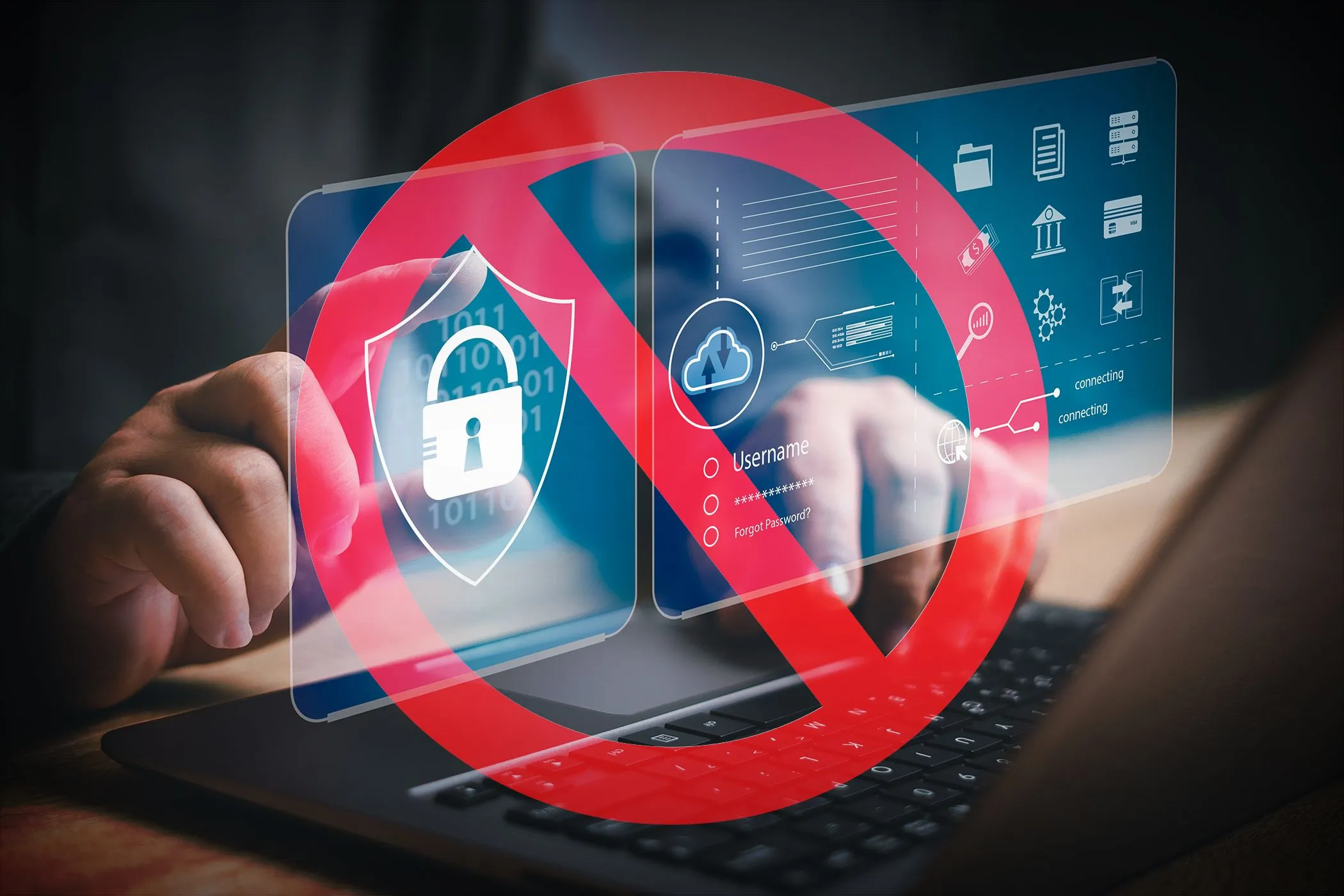 Nguy hiểm bảo mật mật khẩu không an toàn, thể hiện bằng tay gõ laptop bị cấm truy cập.