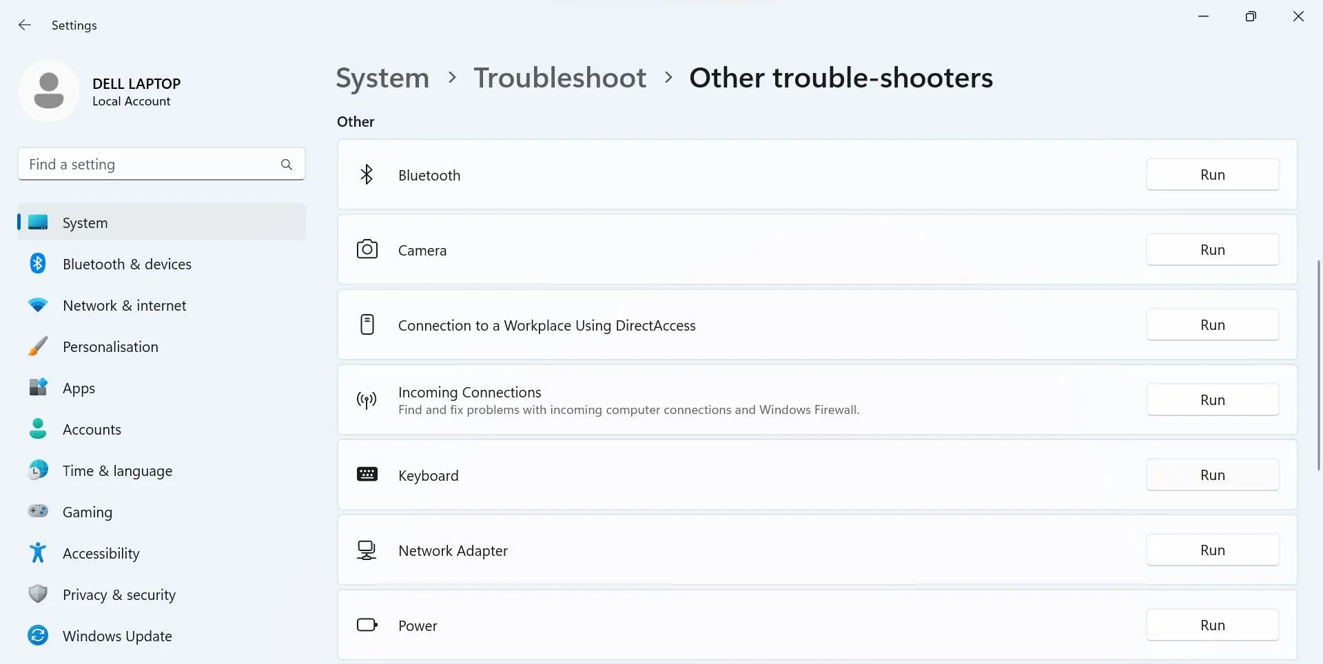 Nhấn vào nút Run bên cạnh Keyboard Troubleshooter trong ứng dụng Cài đặt Windows