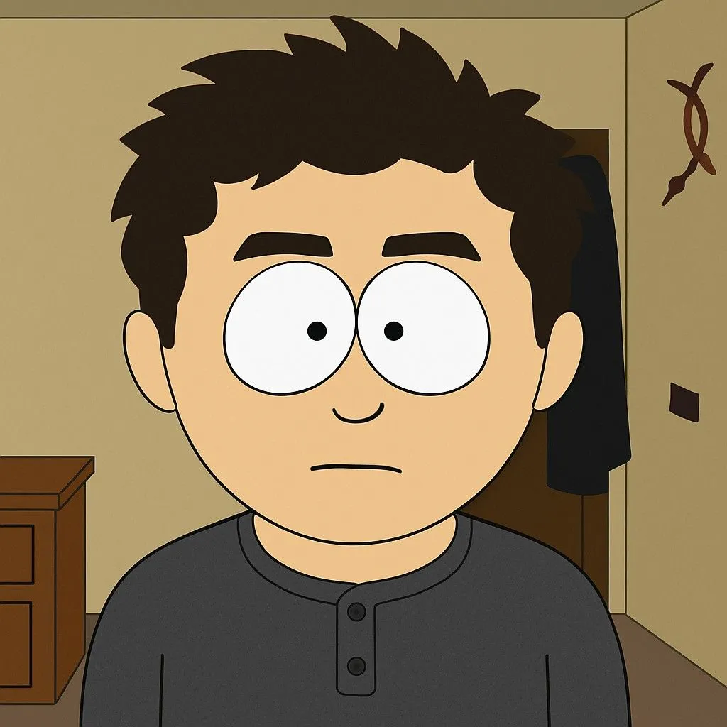 Nhân vật phong cách South Park được tạo bởi ChatGPT với biểu cảm trống rỗng và mắt to tròn