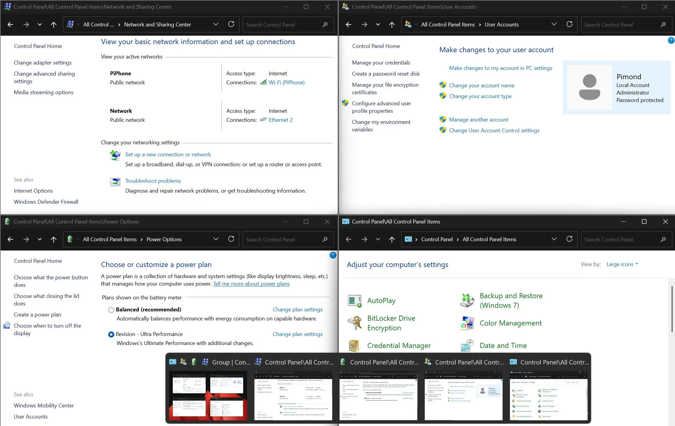 Nhiều cửa sổ Control Panel đang mở trên Windows 11, minh họa khả năng đa nhiệm