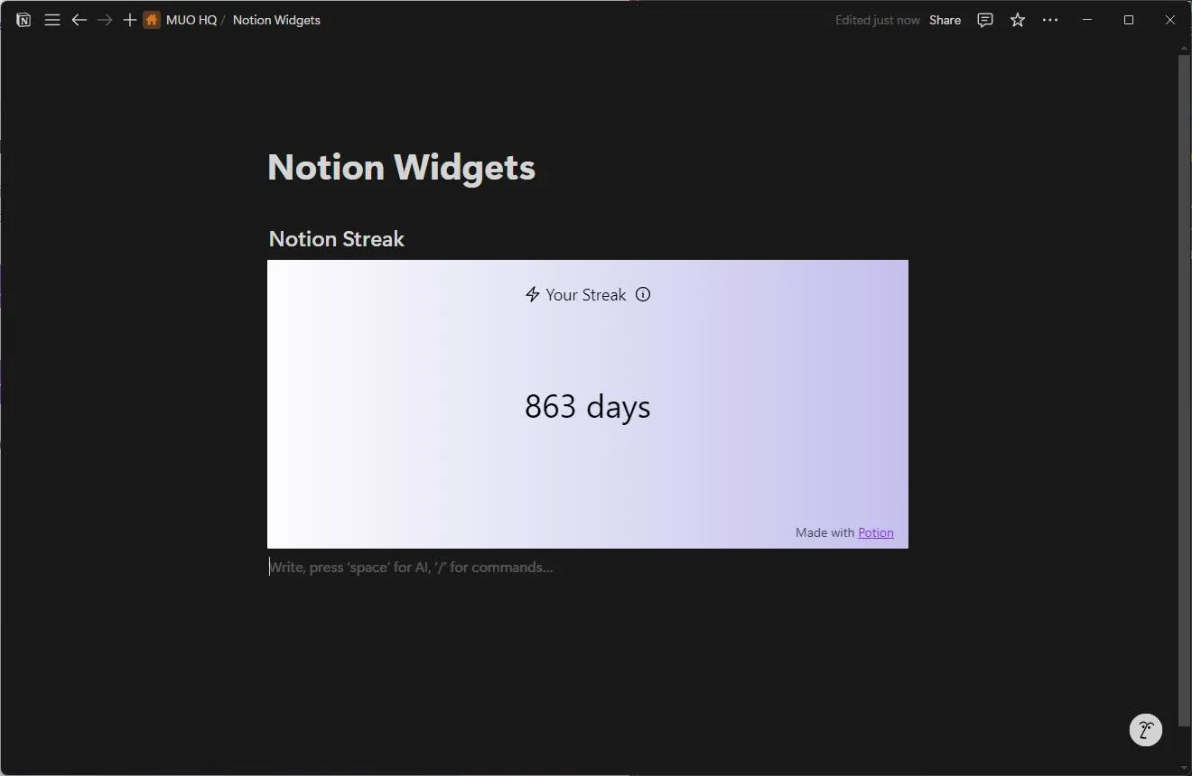 Notion streak widget theo dõi chuỗi ngày làm việc liên tục