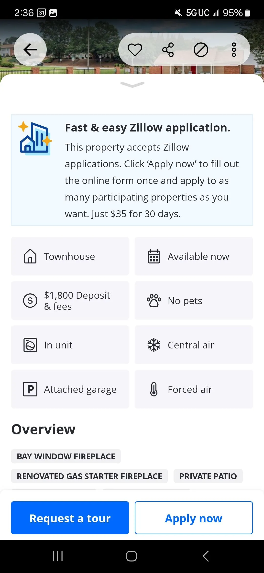 Nút 'Apply now' trên Zillow cho phép nộp đơn thuê căn hộ trực tuyến dễ dàng