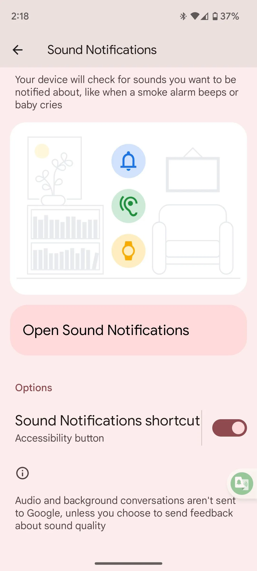 Nút bật tắt tính năng Thông báo âm thanh trong cài đặt trợ năng của Android