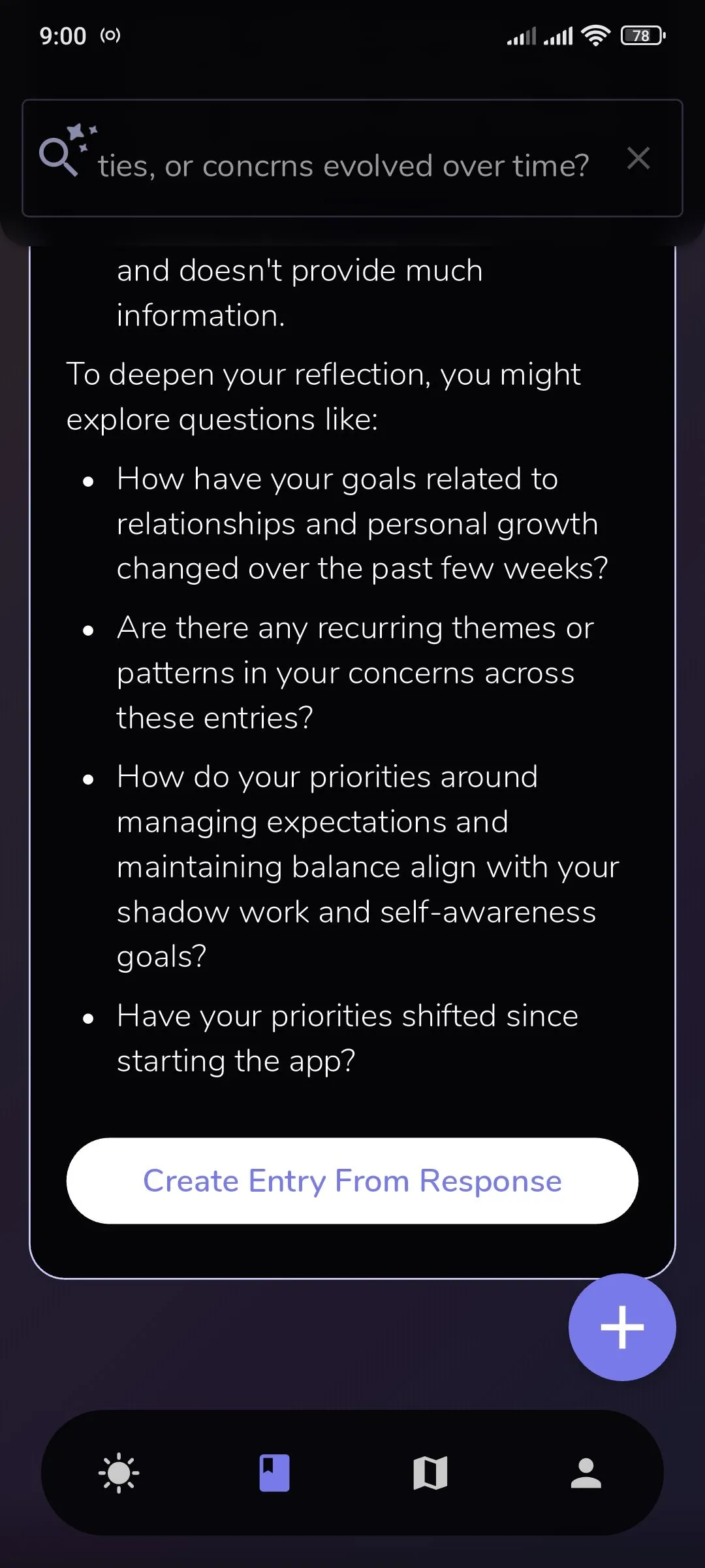 Nút tạo phản hồi Depth AI trong Reflection.app, minh họa khả năng biến insight AI thành điểm khởi đầu cho mục nhật ký mới