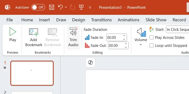 Nút Trim Audio (Cắt Âm thanh) trong tab Playback của PowerPoint để chỉnh sửa clip âm thanh
