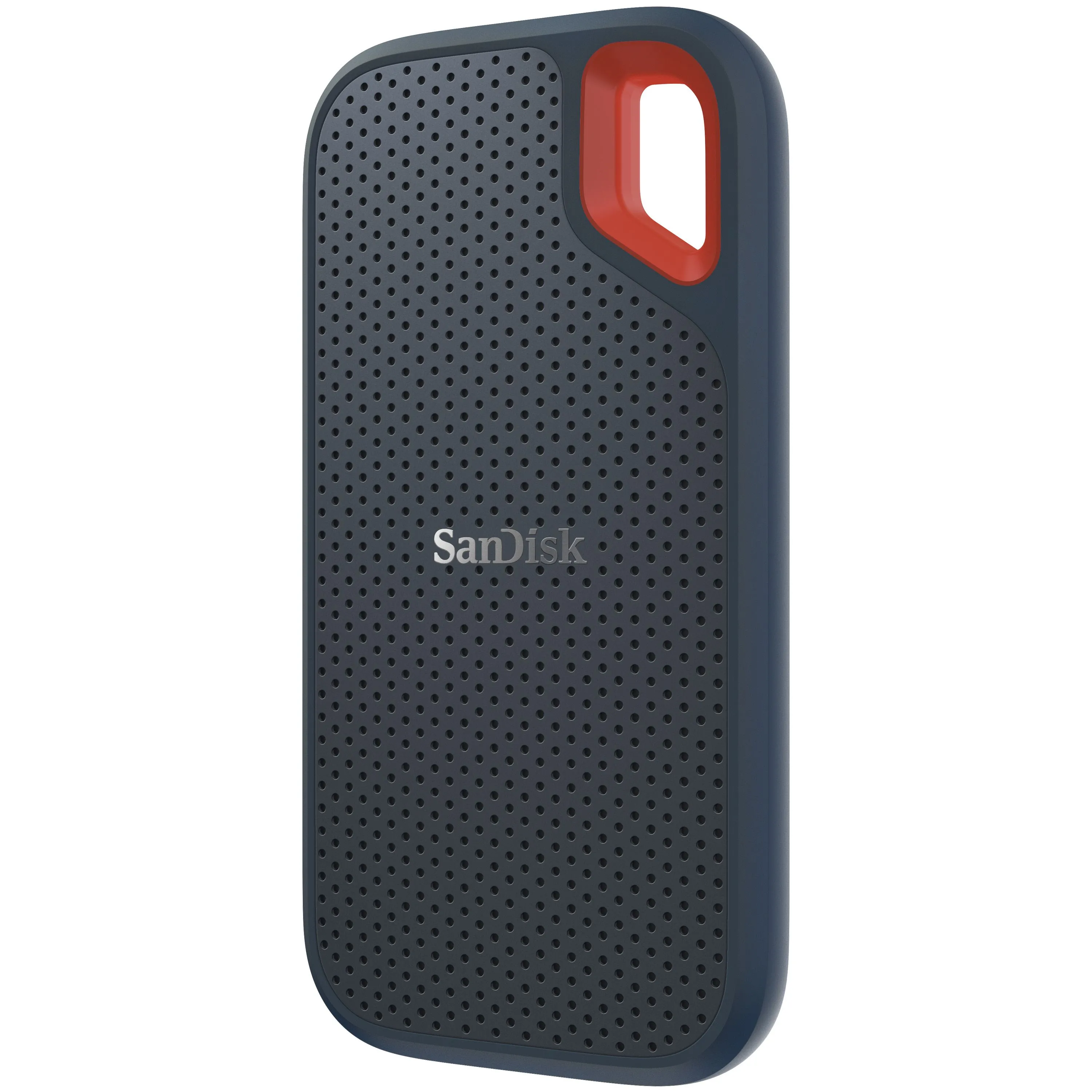 Ổ SSD di động SanDisk Extreme 8TB nhìn nghiêng từ phía trái, thể hiện thiết kế bền bỉ và nhỏ gọn.