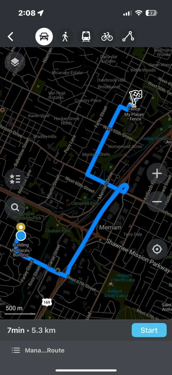 Organic Maps hiển thị khoảng cách giữa hai điểm trên bản đồ, minh họa khả năng định vị chính xác mà không cần theo dõi dữ liệu